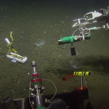 A hydrophone is placed on the ocean floor to record the sound of bubbles. 