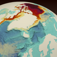 Map of the North Atlantic Ocean and Arctic of a simluation showing high salinity in red in the Arctic through the Canadian Arctic Archipelago