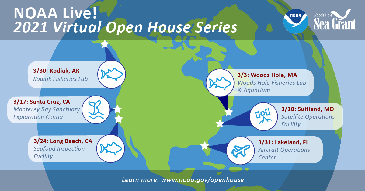 2021 Virtual Open House graphic.png Map of the US with icons in Alaska, California, Florida, Maryland and Massachusetts of the locations the Open House visits