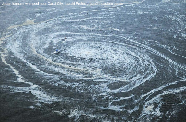 Japan tsunami whirlpool near Oarai City, Japan