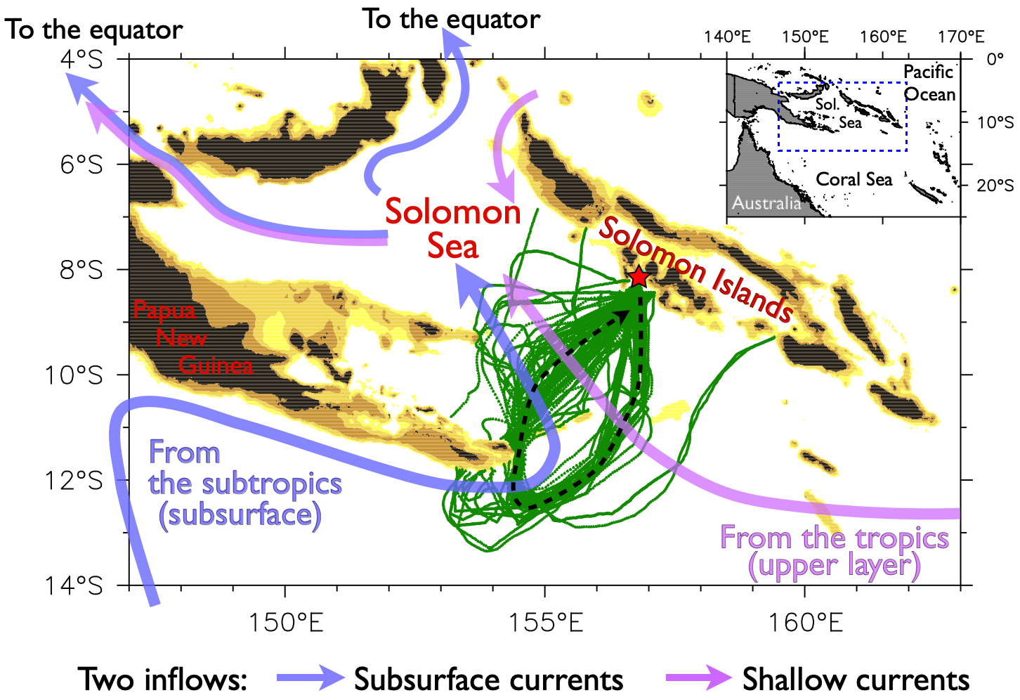 Schematic map of the geography and currents of the Solomon Sea in the southwest Pacific Ocean