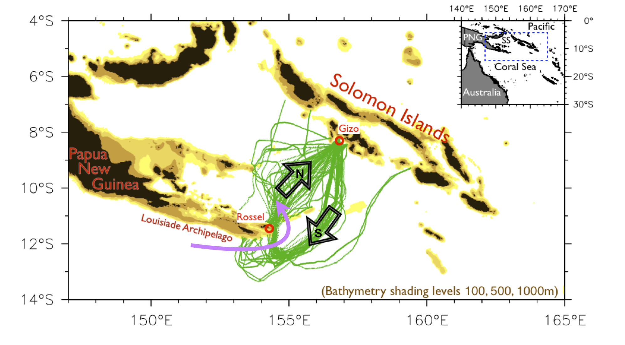 Bathymetric map of the Solomon Sea showing the near-continuous shallow reefs on Solomon Island side